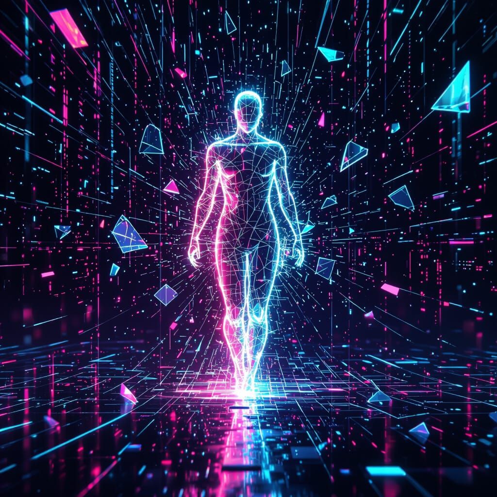 Ethereal Figure Emerges from Glitching Data Stream