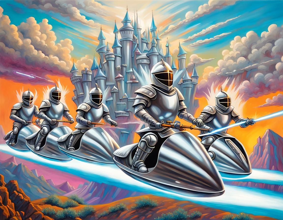 Futuristic Knights Attack Gleaming Castle in Graffiti Style