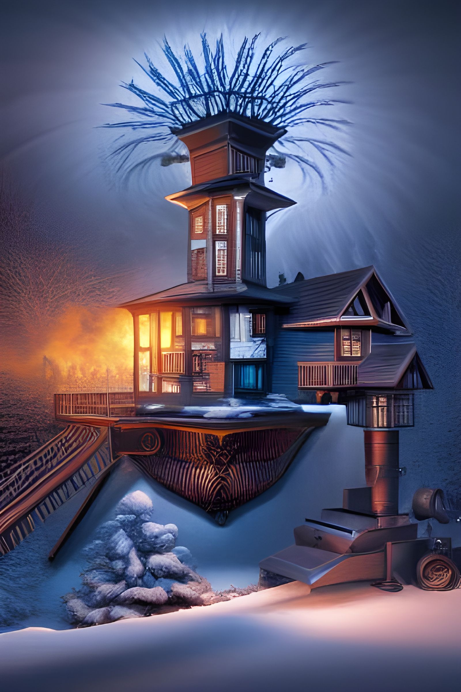 Surreal Combination: Cuckoo Clock, Plow, Birdcage, Star Gate