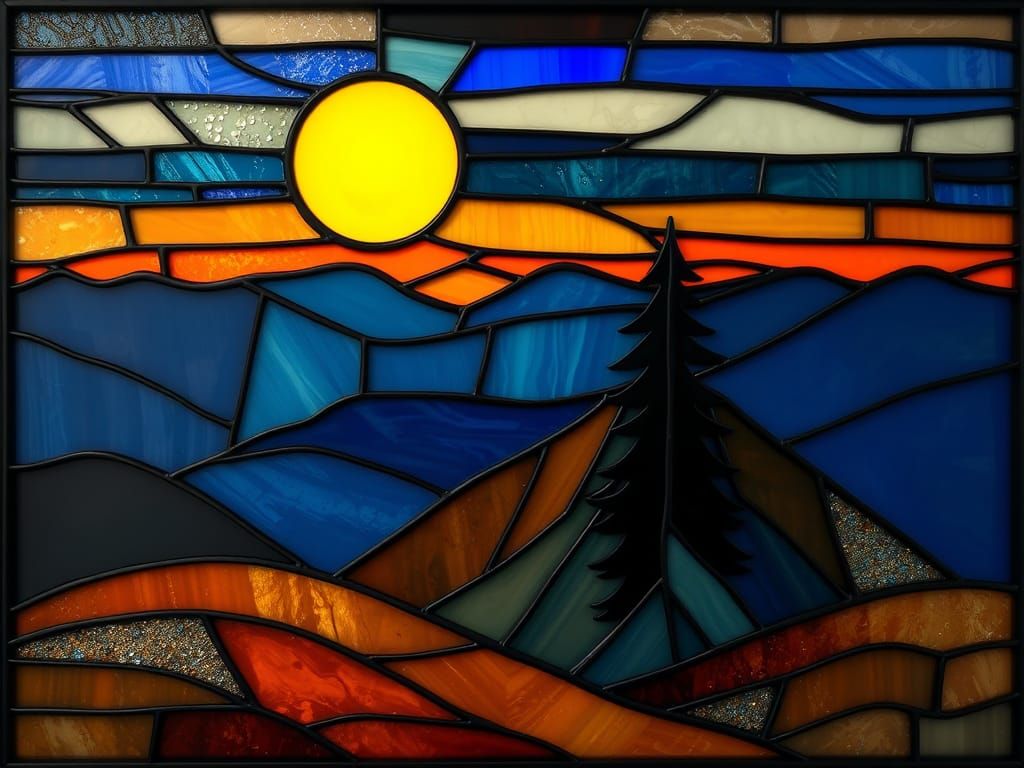 Vibrant Sunset Mountain Scene in Stained Glass