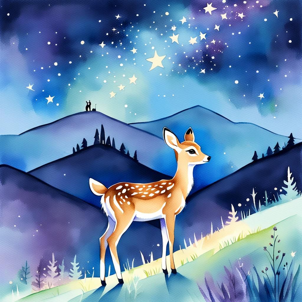 Watercolor Fawn Christmas Card Under Starry Sky