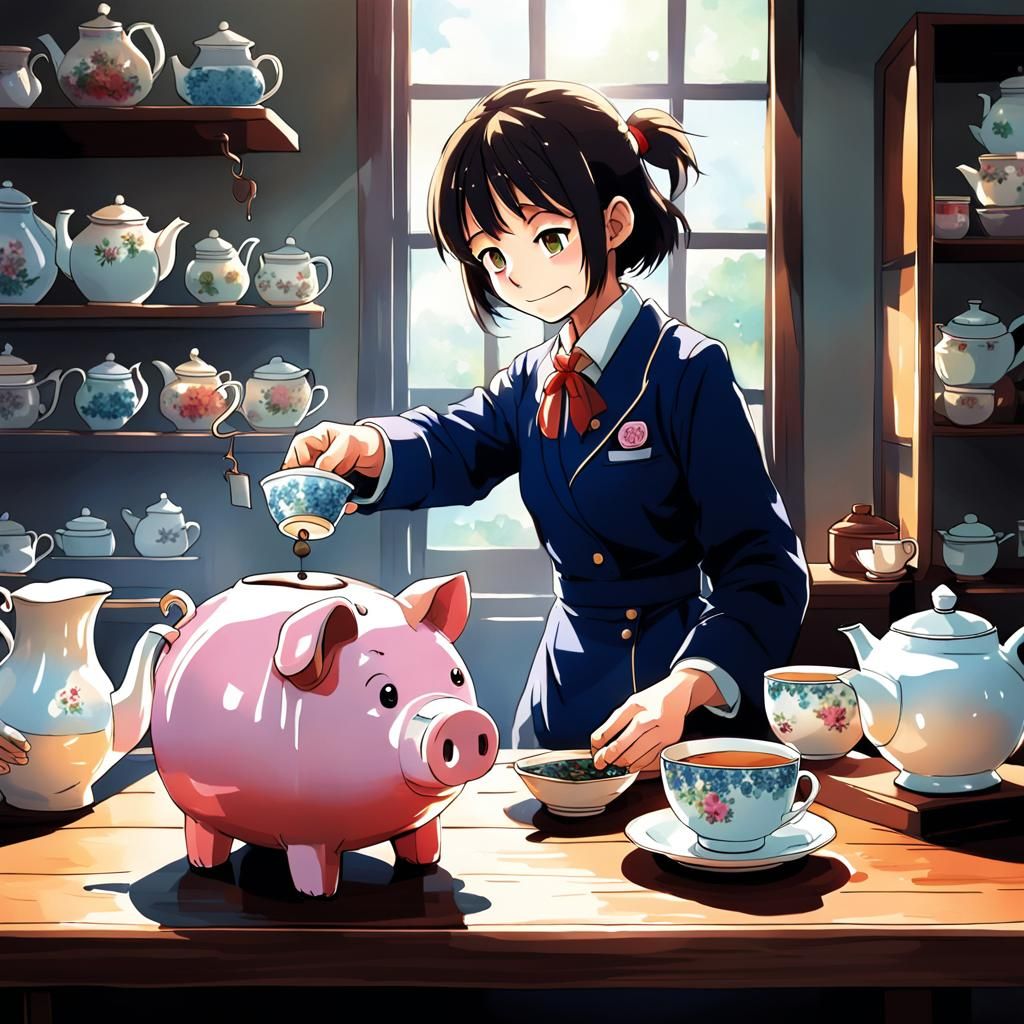 Hand Pouring Tea into Piggy Bank in Anime Style