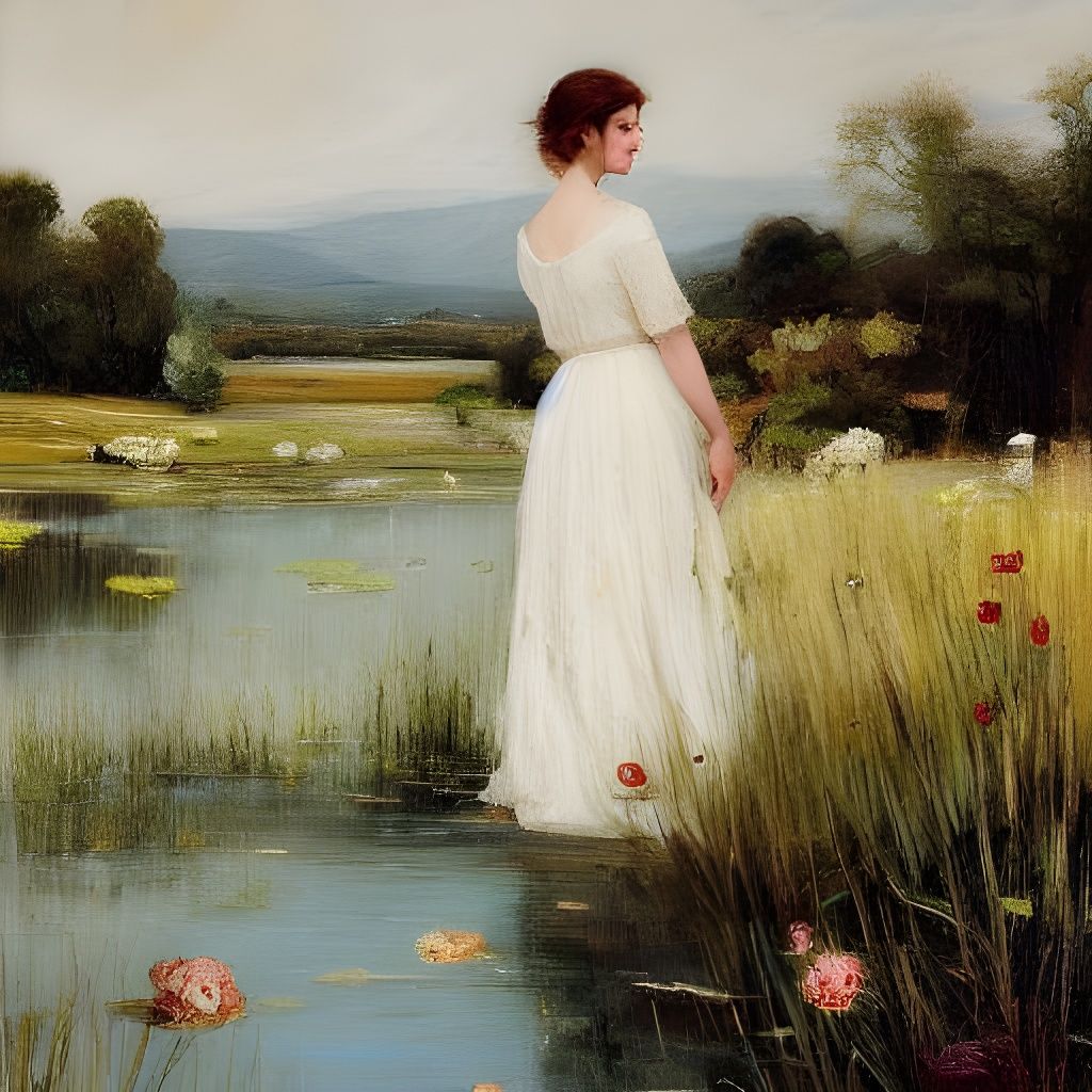 Romantic Woman in Flower Field, Waterhouse Style