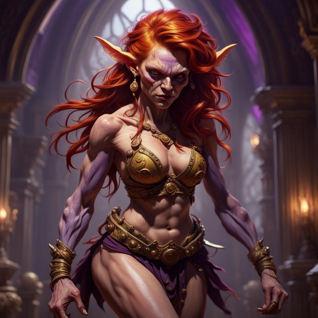 Redhead Goblin Dancer in Dark Fantasy Style