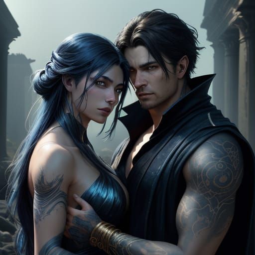 Celestial Tattoos on Couple in Ethereal Ruins