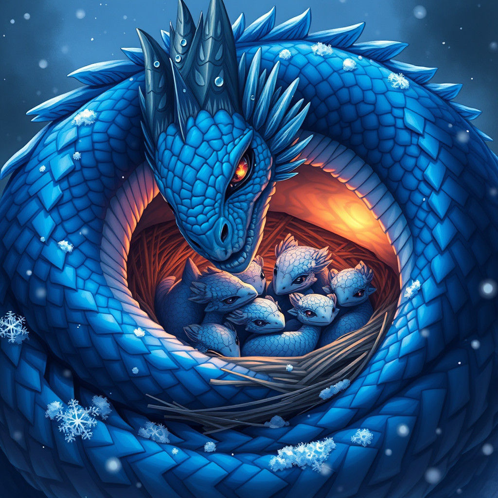 Blue Dragon Protecting Hatchlings in Anime Style
