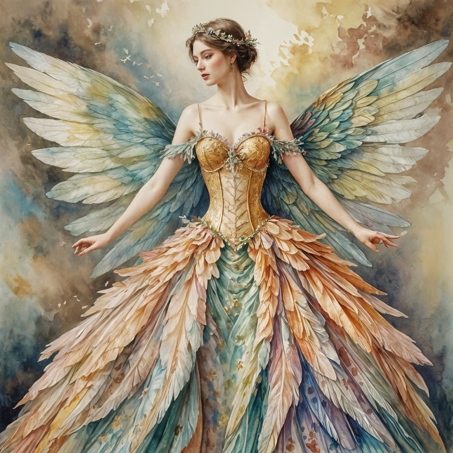 Watercolor Fairy in Gown: Impressionist Masterpiece
