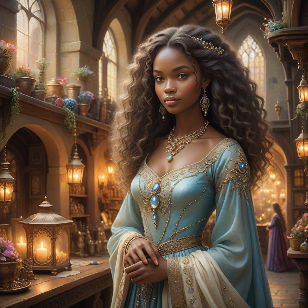 Ethereal Medieval Goddess in Whimsical Oil Painting