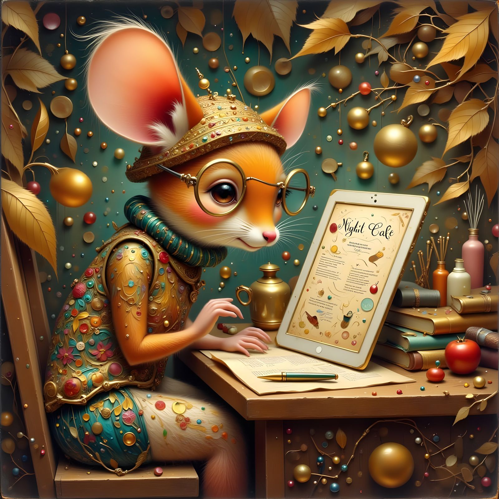 Cute Mouse with Glasses Uses iPad
