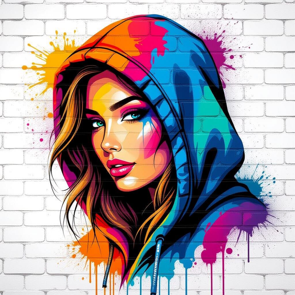 Vibrant Graffiti Art of Woman in Hood