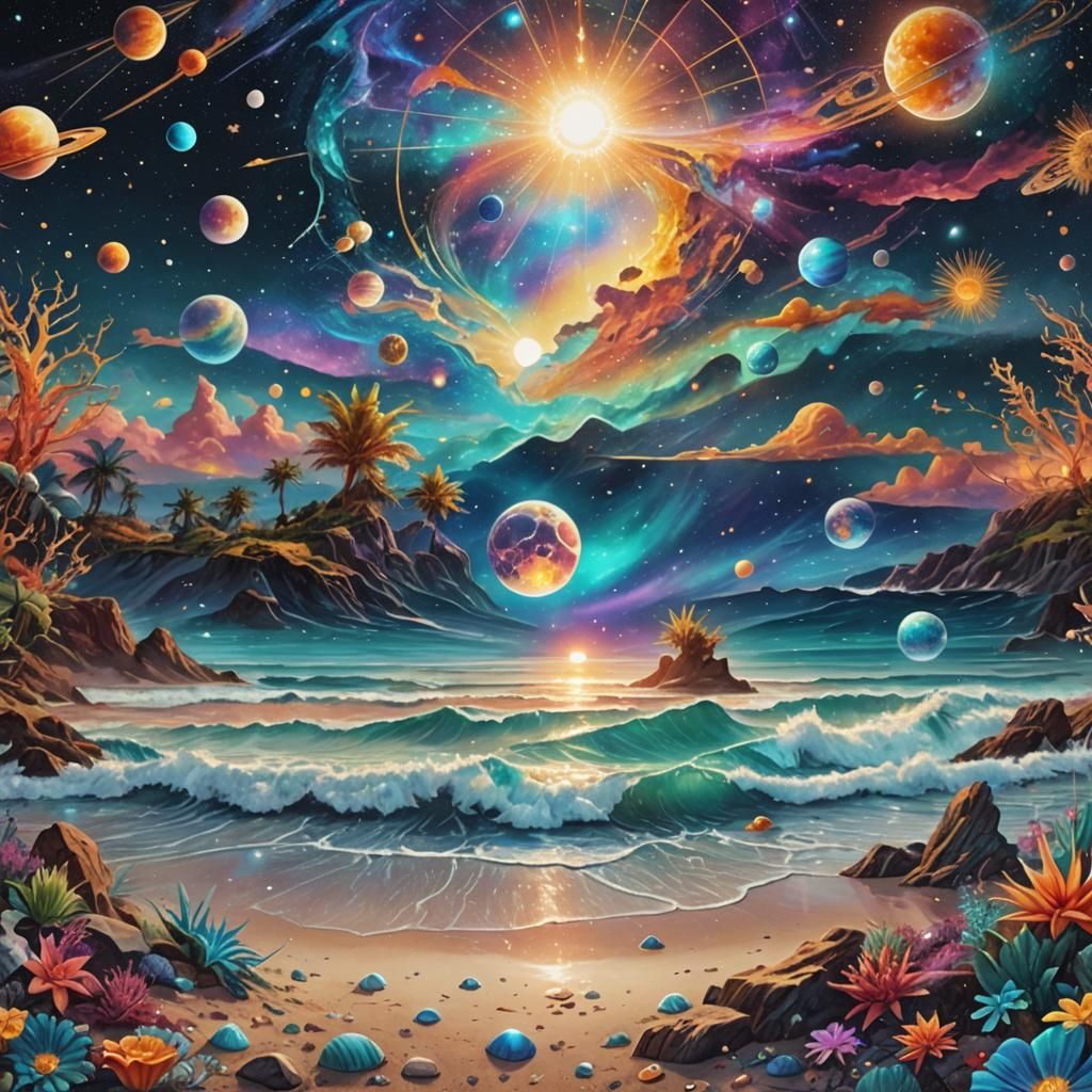 Holographic Cosmic Beach Illustration by Pablo Amaringo