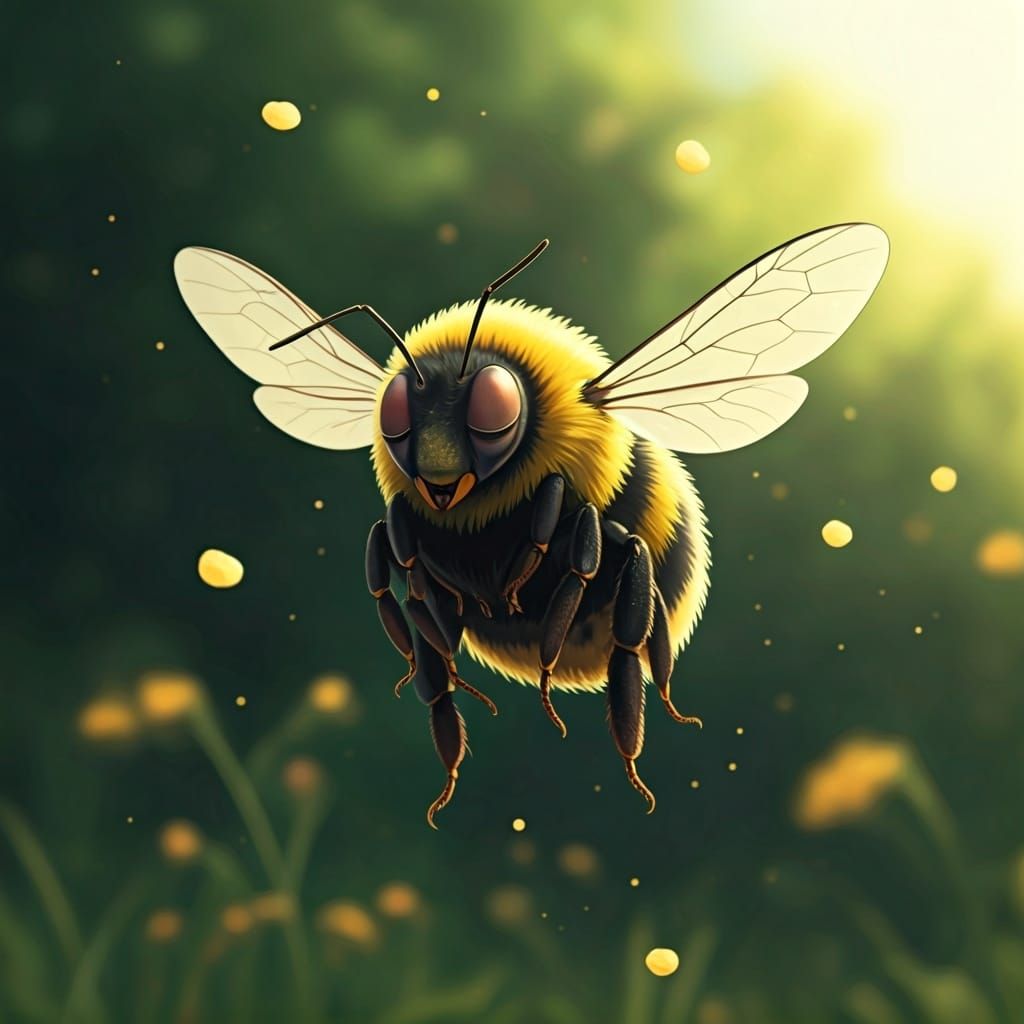 Sleepy Bee Drifting in Ghibli-Inspired Meadow