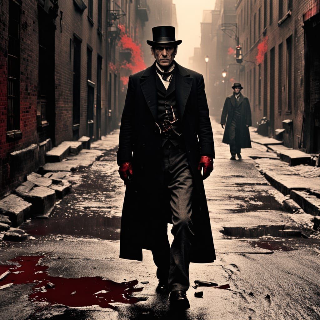 Menacing Bill the Butcher in a Dark 19th Century New York Al...