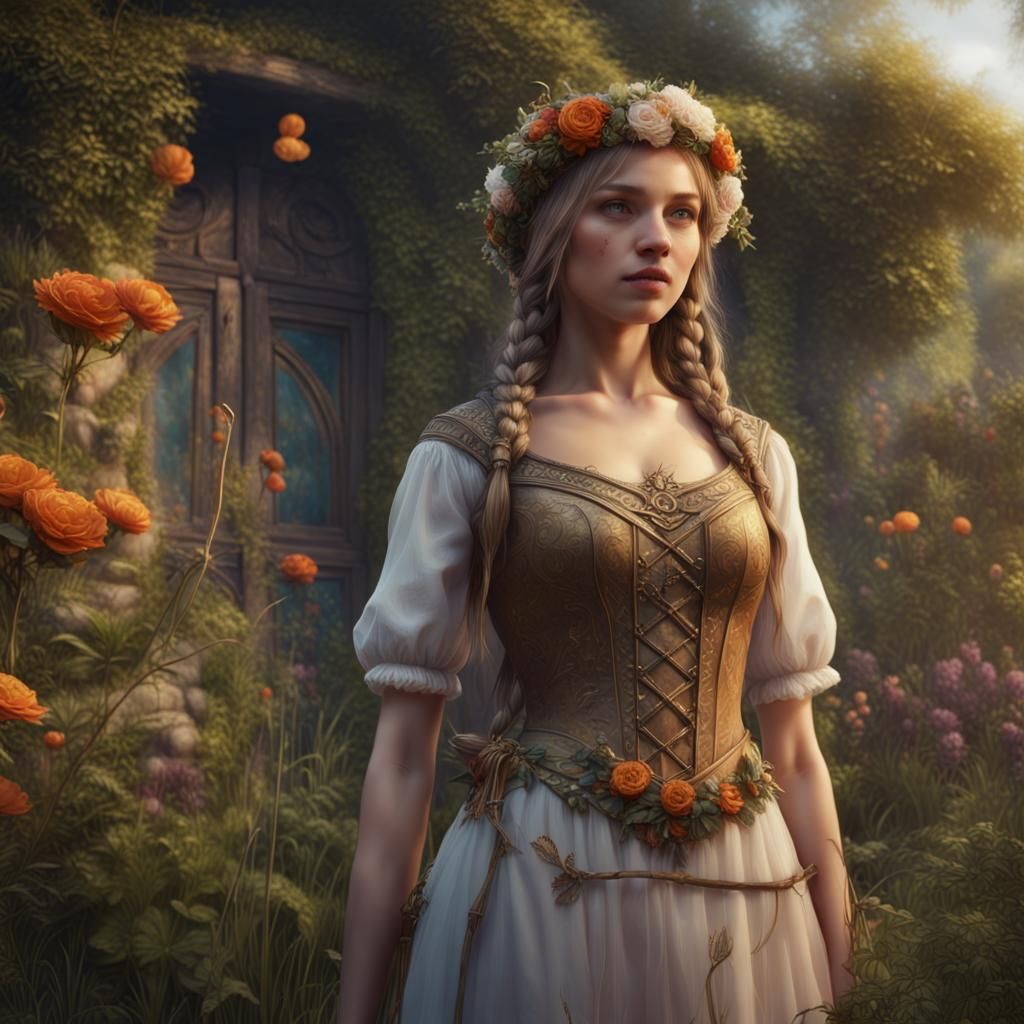 Festive Arrival: Young Maidens in a Photorealistic Garden