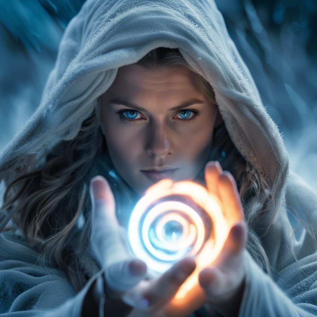 Cryokinetic Woman on Snowy Mountain in Cinematic Style