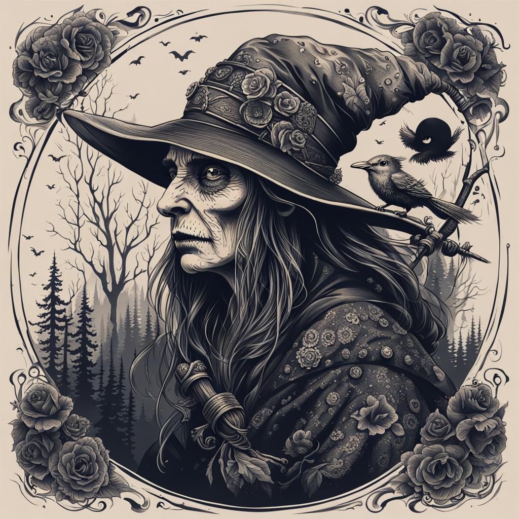 Baba Yaga Witch in Tattoo Style