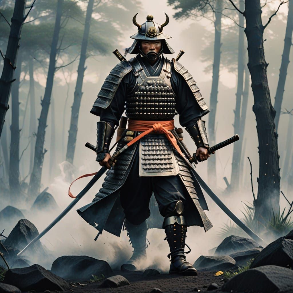 Samurai Warrior Emerges from Misty Fog