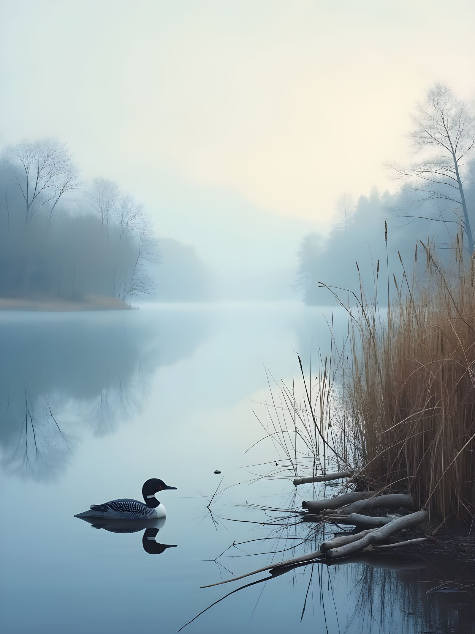 Ethereal Adirondack Morning with Loon and Cattails
