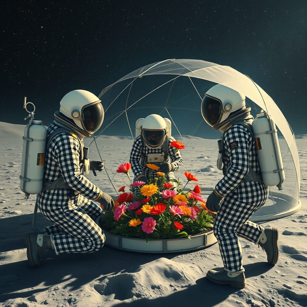Men in Gingham Suits Tend Lunar Flowers
