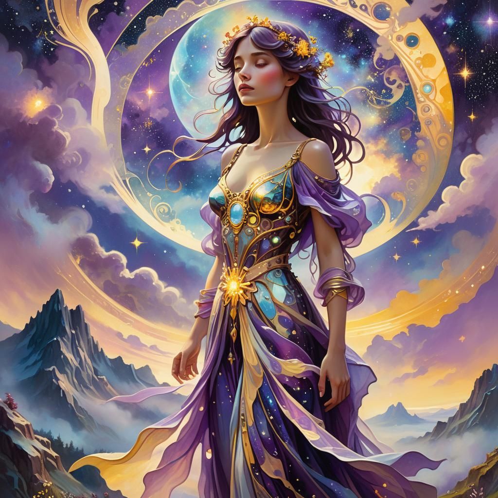 Woman in Galactic Dress in Soft Oil Painting Style