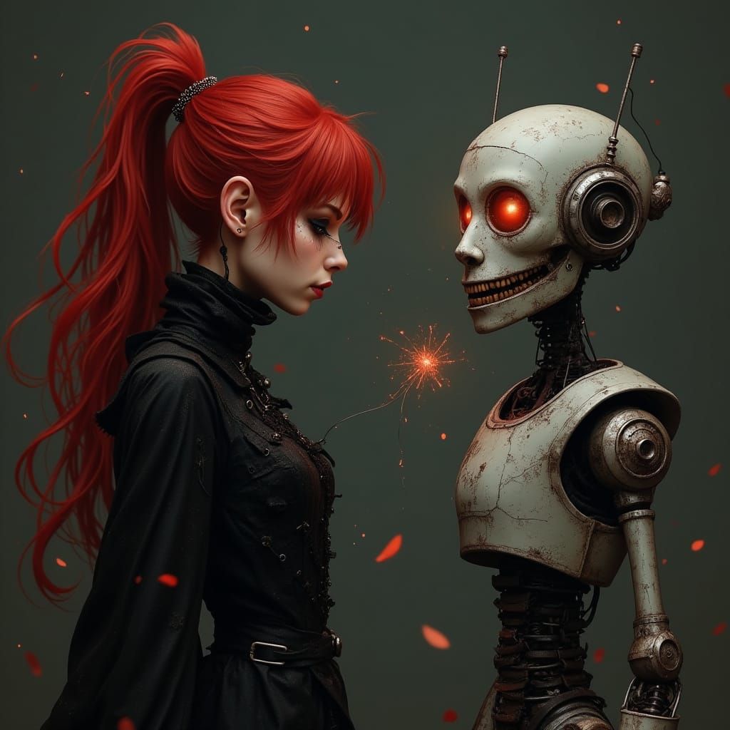 Red Witch and Robot Connected by Energy