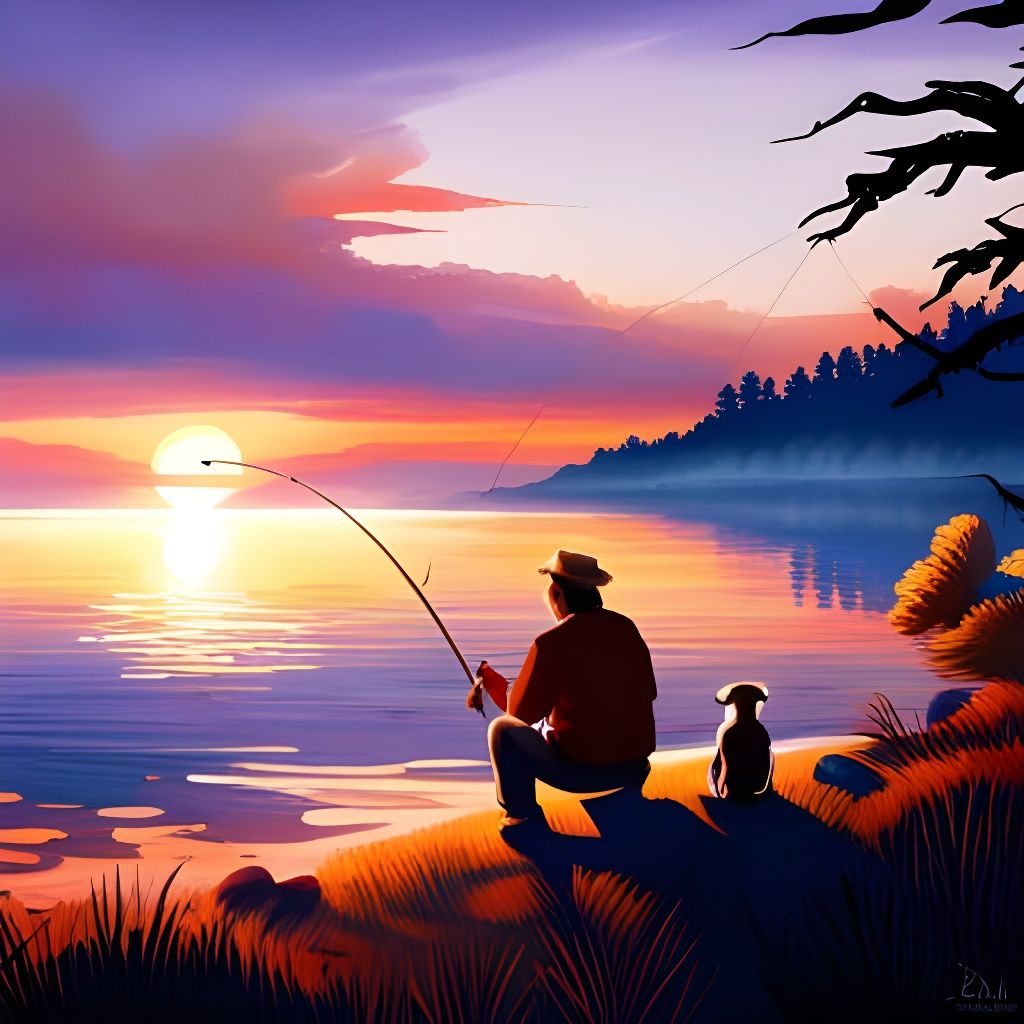 Old Man and Dog Fishing at Sunset