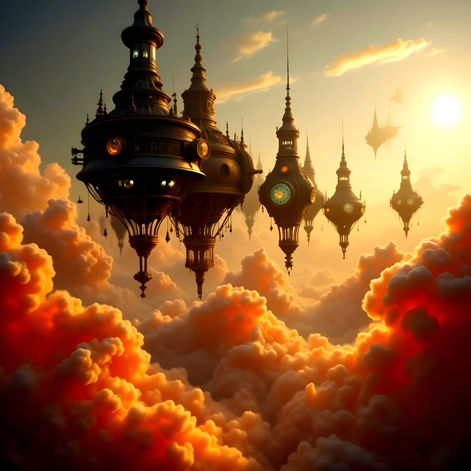 Steampunk Airships Amidst Luminescent Clouds