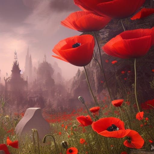 Poppies Bloom by Grave in Fantasy Concept Art