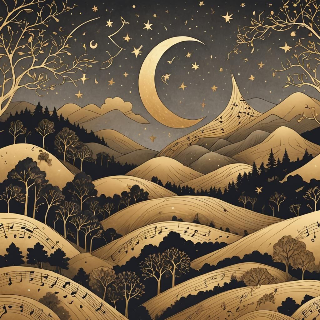 Golden Nightscape with Music Note Trees in Line Art