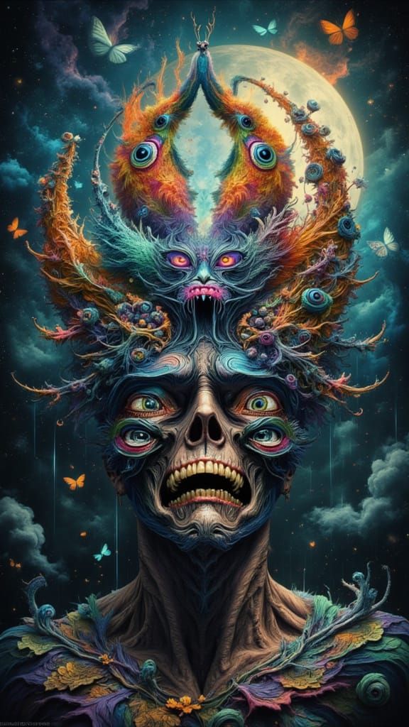 Man's Face Fractured into Iridescent Butterfly Wings with Ey...