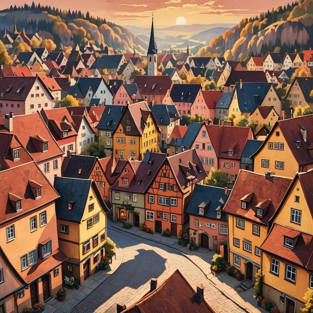 German Village Cityscape in Pastel Colors