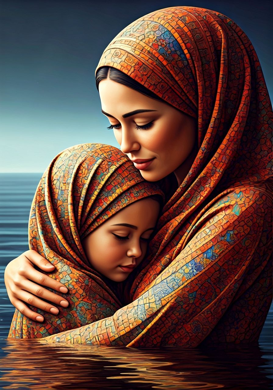 Loving Mother and Child in Mosaic Garments