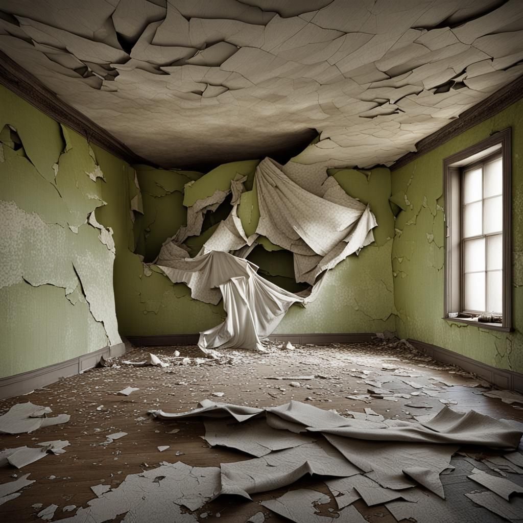 Surreal Dilapidated Room with Breaking Wall