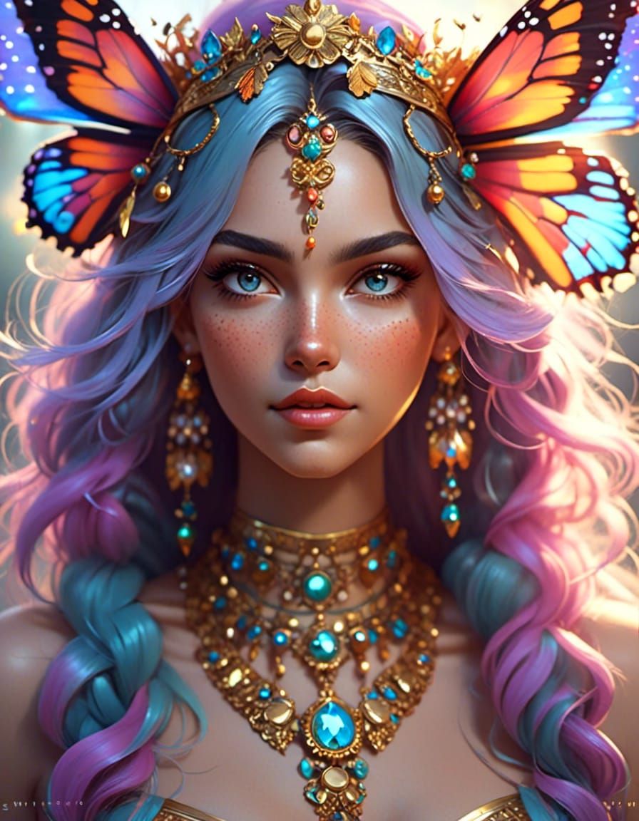 Freckled Indian Princess with Butterflies in Anime Style