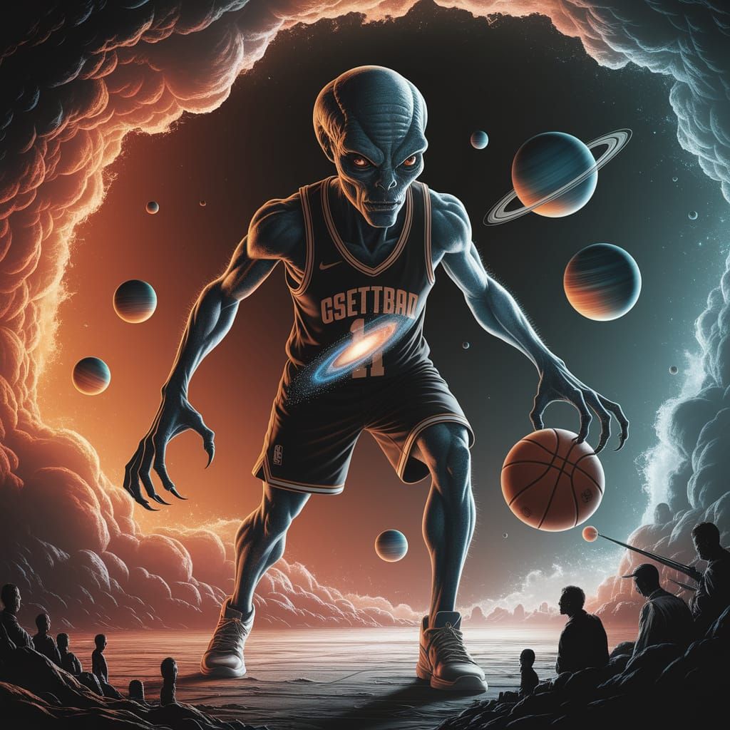 Cosmic Alien Basketball Game in Film Noir Style