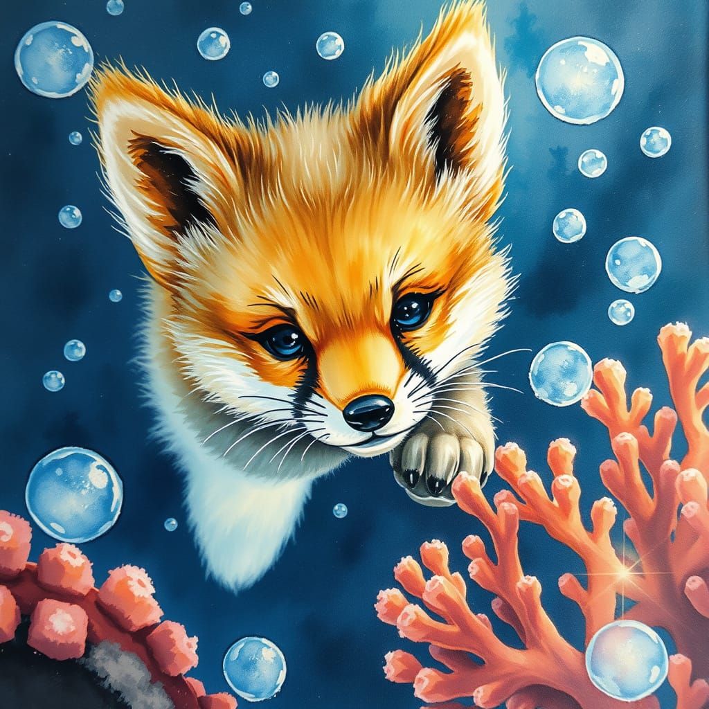 Bioluminescent Fox Pup's Underwater Adventure: Watercolor Ar...