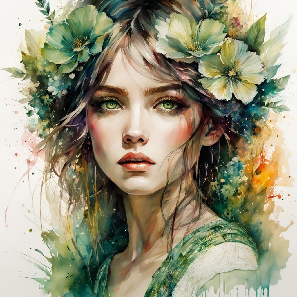 Woman in Green Lace: Digital Watercolor Garden