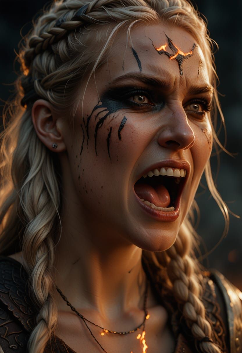 Fierce Viking Warrior Woman in Fiery Battle