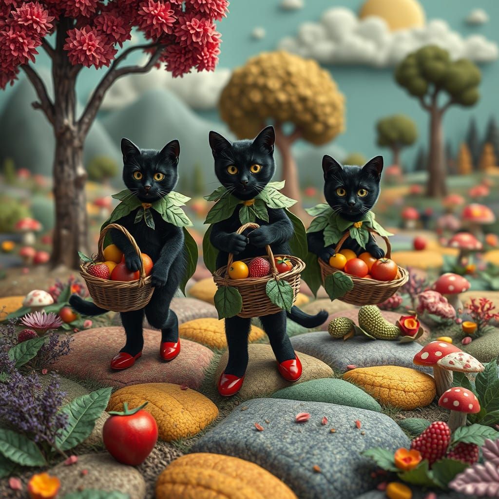 Surrealistic Whimsy: Cats in a Vibrant Patchwork Landscape