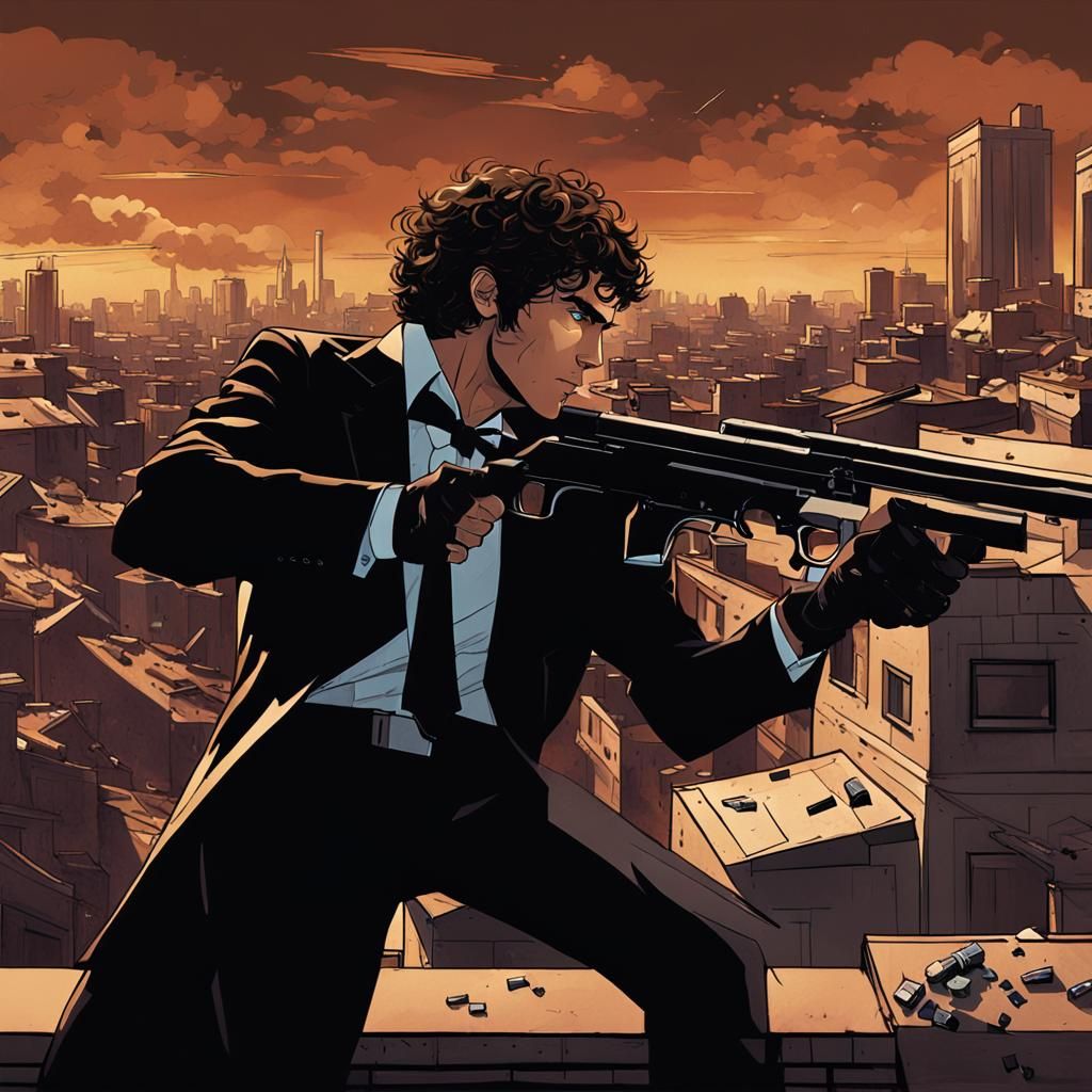 Teen Assassin Surrounded, Gritty Cinematic Digital Art