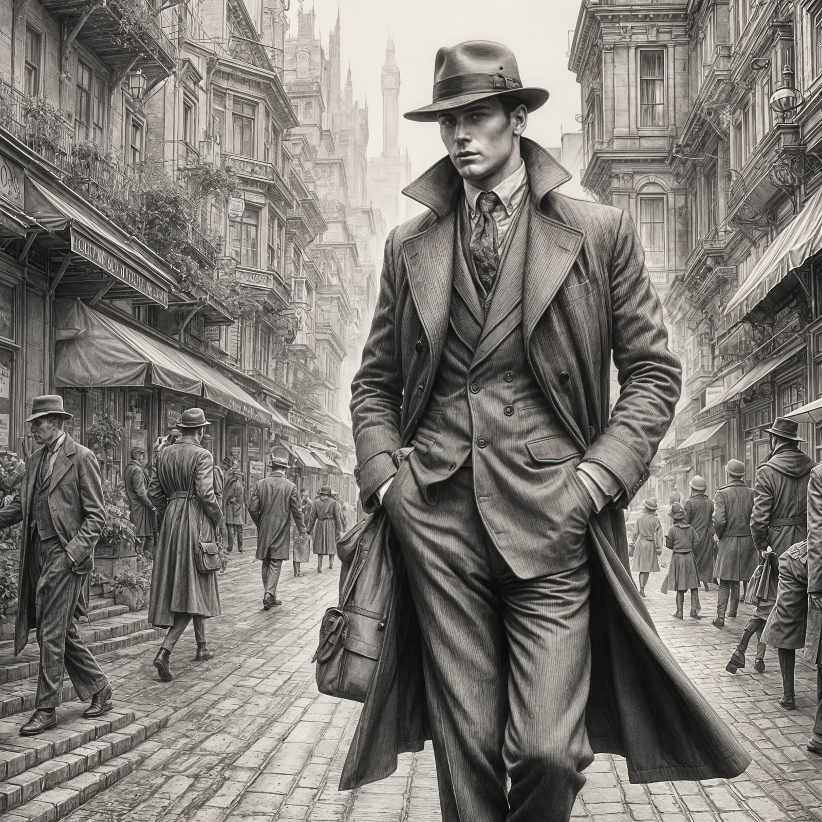 1930s Detective in City, Detailed Pencil Drawing