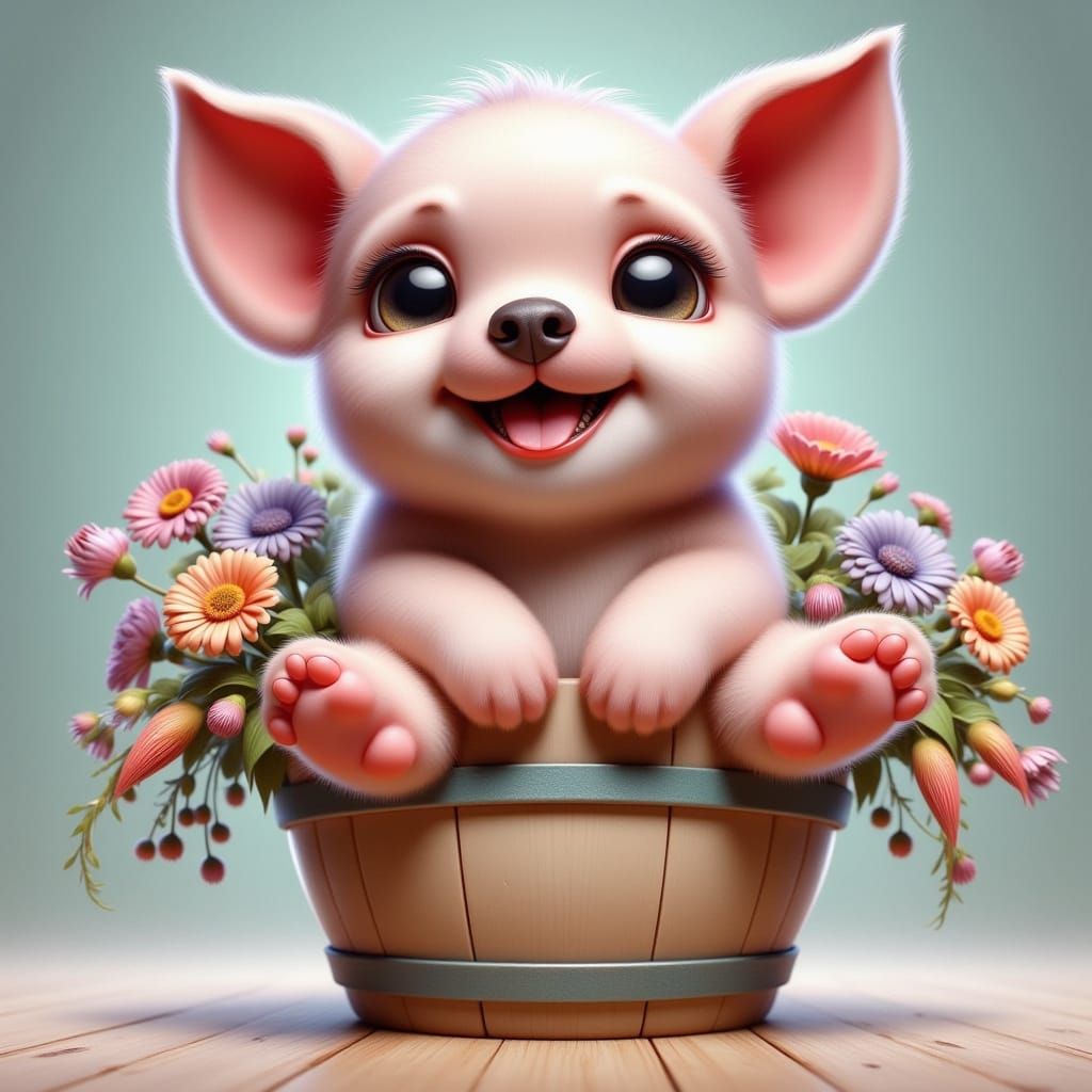 Adorable Puppy in Flower Bucket, Children's Illustration
