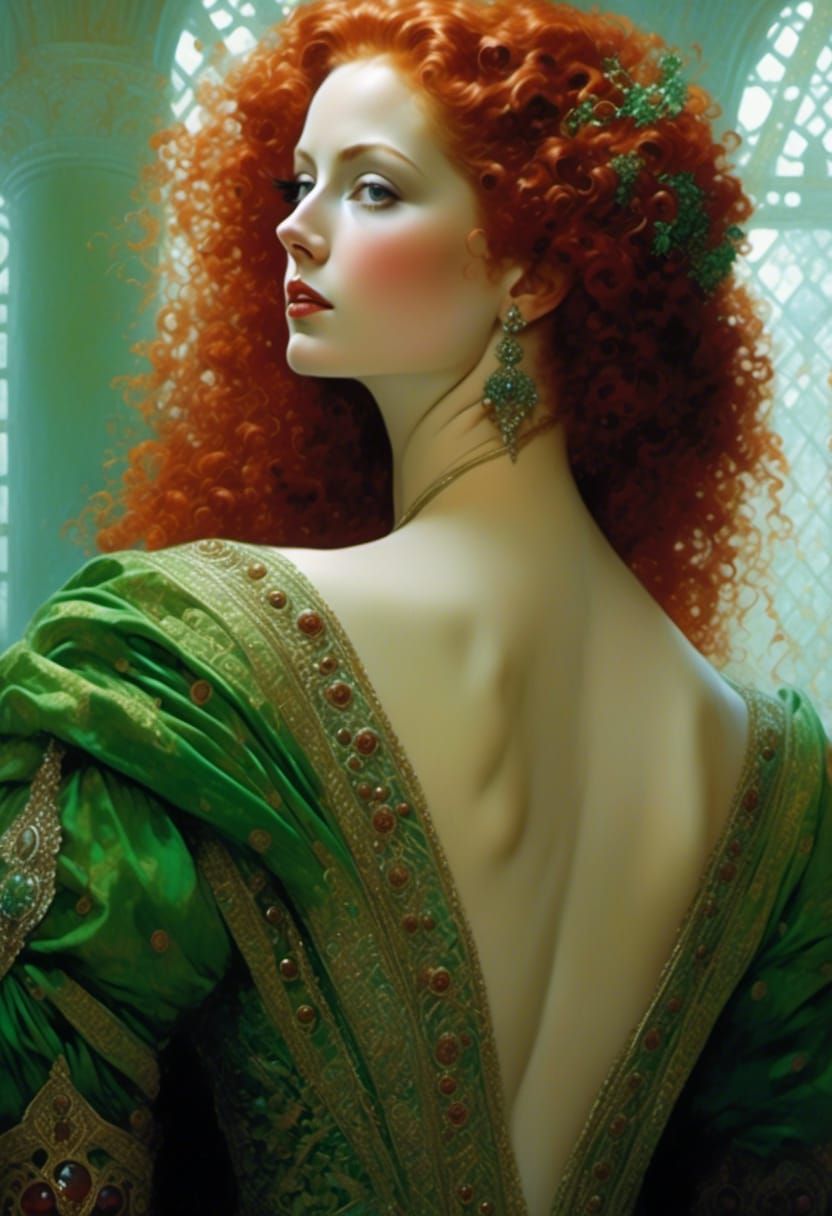 Red-Haired Goddess in Vivid Green Dress