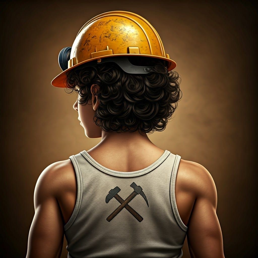 Muscular Boy with Mining Tattoo in Realistic Style