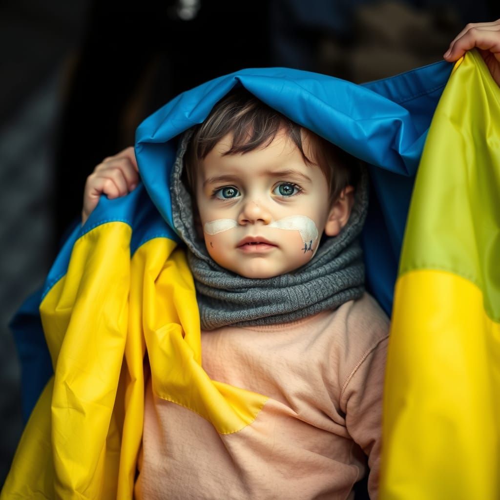 Innocent Child Waves Ukrainian Flag Amidst Turmoil