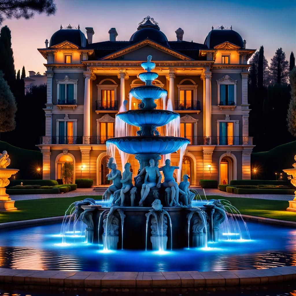 Elaborate Multi-Level Fountain with LED Illumination