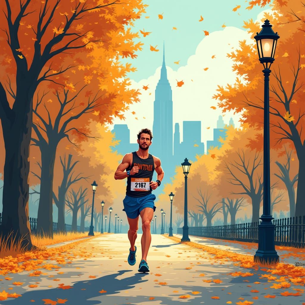 Marathon Runner in Central Park, Stylized Illustration
