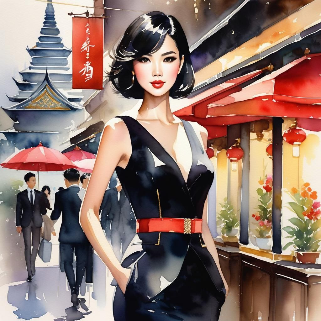 Watercolor Painting of a Beautiful Thai Woman