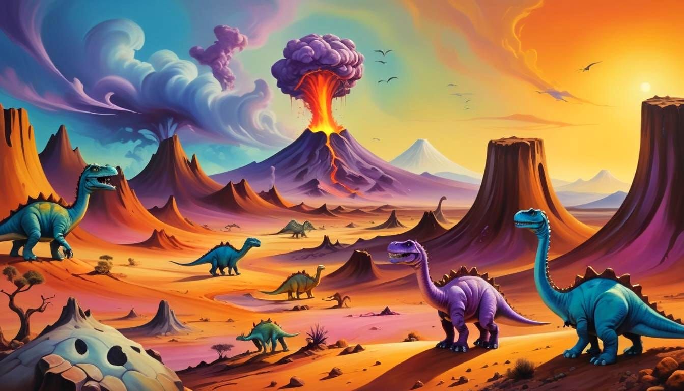 Jurassic Landscape with Colorful Dinosaurs in Surreal Style
