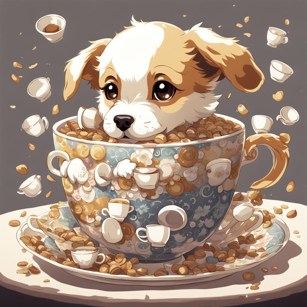Puppy Made of Teacups in Anime Style